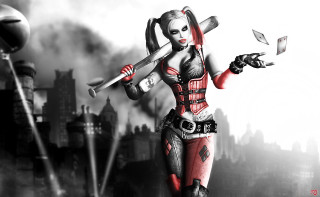 Woman red black outfit bat - her hand and a city in the background free wallpaper
