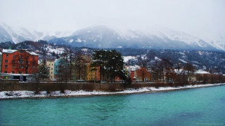 River city snow mountains buildings - the bank free wallpaper