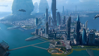 Futuristic city skyline airplane flying - free city wallpaper for desktop