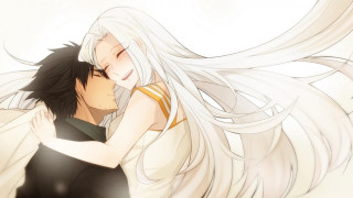 Anime couple hugging white hair - their back free wallpaper