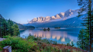 Lake mountains trees bench path - german romanticism free wallpaper