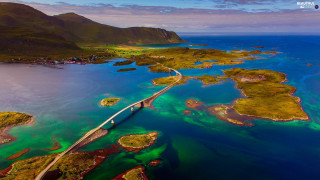 Long bridge water mountain range - ecological art free wallpaper