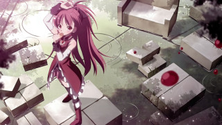 Girl standing boxes forest red - a red substance free wallpaper