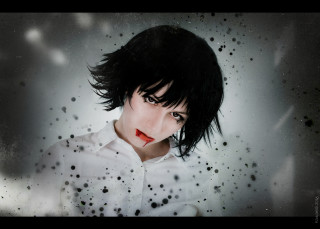 Woman black hair white shirt - a red lip free wallpaper for desktop