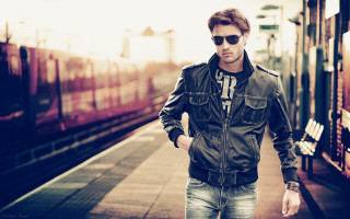 Man leather jacket sunglasses train - a train in the background free wallpaper