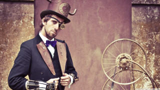 Man top hat suit bicycle - steampunk free wallpaper