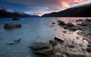 Water rocks mountains sunset pink - anthony s waters free wallpaper