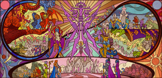 Colorful scene people dragon painting - large free wallpaper for desktop