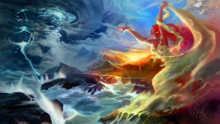 Woman colorful dress fire ice - the gathering artwork free wallpaper