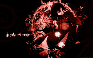 Woman black dress red swirls - her head and a butterfly free wallpaper