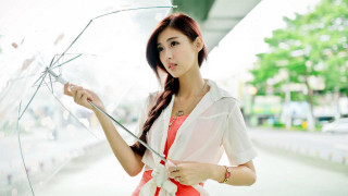 Woman umbrella city street trees - the background and a building in the background free wallpaper