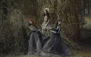 Three women long dresses forest - pre free wallpaper