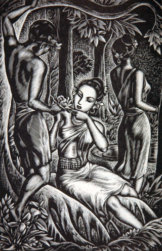 Woman sitting forest two men - behind her free wallpaper for mobile