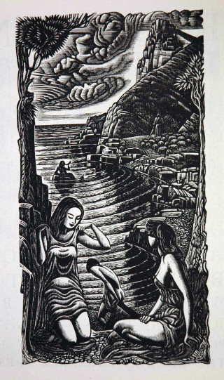 Women sitting river bank drawing - a fish free wallpaper for mobile