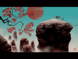 Man cliff tree red sun - a painting of a man free wallpaper for desktop