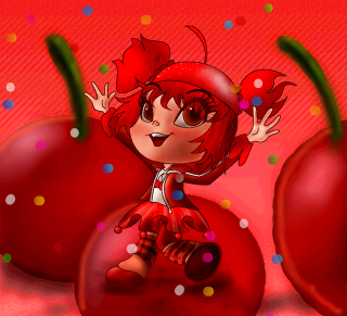 Cartoon girl cherries hands up - her eye free wallpaper for tablet