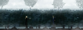 People cemetery rain trees fog - two person free wallpaper for desktop