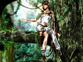 Woman sitting tree forest sword - fantasy artwork free wallpaper