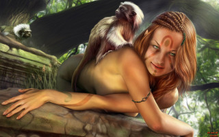 Woman monkey jungle trees rocks - the jungle free wallpaper