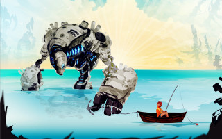 Man boat giant robot water - a man in a boat free wallpaper