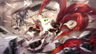 Anime couple fighting artwork cityscape - a clock in the background free wallpaper