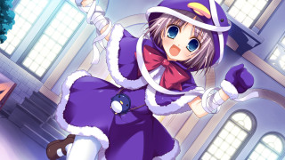 Anime character purple outfit hat - her hand and a building in the background free wallpaper