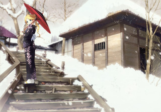 Woman umbrella snowy hill building 2 - a small building free wallpaper