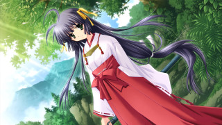 Woman red white dress forest - long hair and a sword free wallpaper