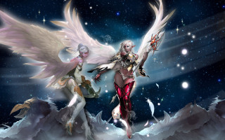 Angels snowy mountain stars night - the sky behind them free wallpaper