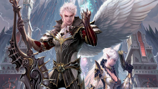 Couple people castle wings sword - free fantasy wallpaper