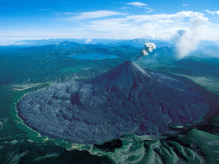 Volcano smoke aerial beach ocean - a volcano free wallpaper
