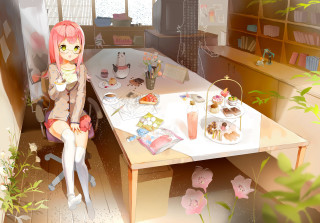 Girl sitting table food plant - a plant in the corner of the room free wallpaper