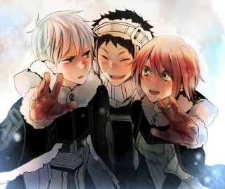 Anime couple posing hands up - their face free wallpaper for desktop