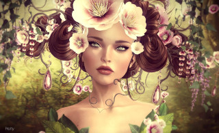 Woman flowers hair digital painting - whimsical free wallpaper for desktop