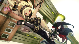 Anime characters flying skateboards city - a city street free wallpaper for desktop