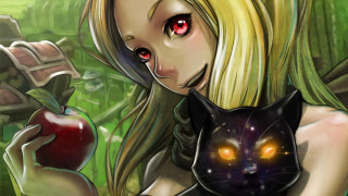 Girl cat apple hand smiling - a red eye free wallpaper for desktop