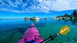 Kayak rocks trees water rockformation - bob ross free wallpaper for desktop