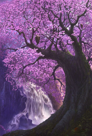 Waterfall tree purple flowers background - free spring wallpaper for mobile
