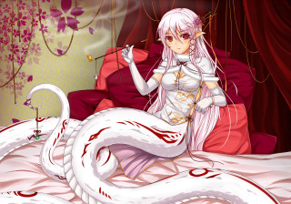 Woman white dress bed dragon - a red chair free wallpaper