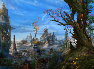 Fantasy city trees buildings sky - tree and buildings free wallpaper