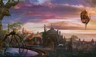 City dragon flying bird painting - a painting of a city free wallpaper