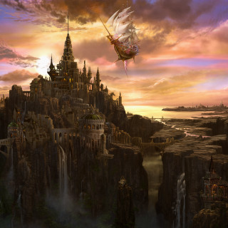 Castle dragon waterfall sunset sky - free fantasy wallpaper for tablet