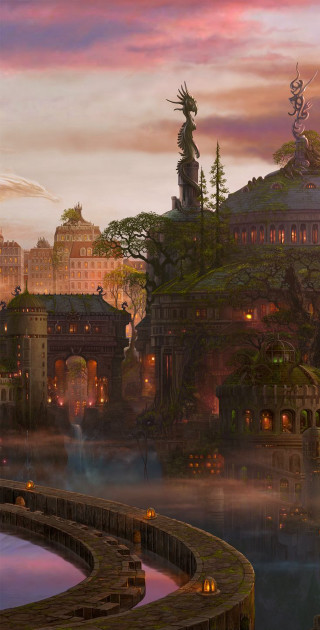 City statue bridge lake painting - a bridge free wallpaper for mobile