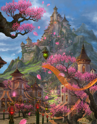 Fantasy city pink flowers castle - a detailed matte painting free wallpaper for mobile