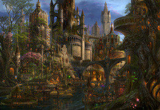 Fantasy city bridge castle trees - lot of trees free wallpaper for desktop