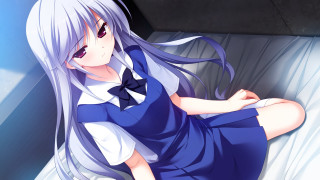 Girl blue dress bed long 2 - long hair and a bow tie free wallpaper