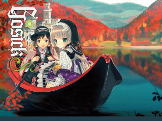 Anime girls boat lake castle - a castle in the background free wallpaper