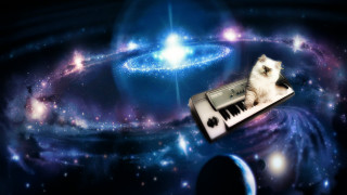 Cat keyboard spiral galaxy surreal - synthwave free wallpaper for desktop