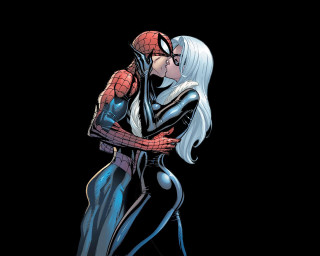 Spider suit woman hugging man - a spider free wallpaper