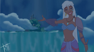 Cartoon woman white hair blue - a castle in the background free wallpaper